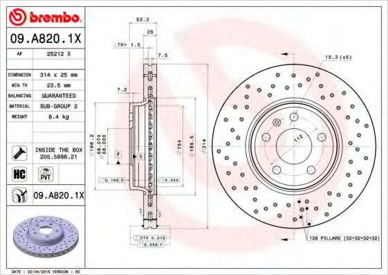 Тормозной диск BREMBO арт. 09A8201X фото1